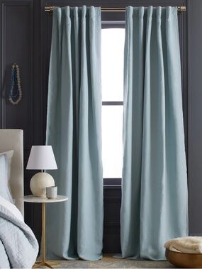 NWT QUINCE Set Of 2 48x96 European Linen Room Darkening Curtains Light Blue 3979
